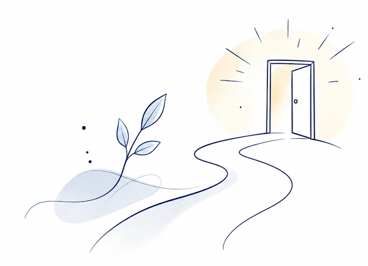 Illustration eines Weges zu einer geöffneten Tür als Symbol für Unterstützung und neue Perspektiven in der Psychiatrie